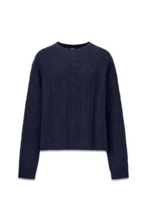 100% Cashmere Cable Knit Crew Neck Cropped Jumper Navy