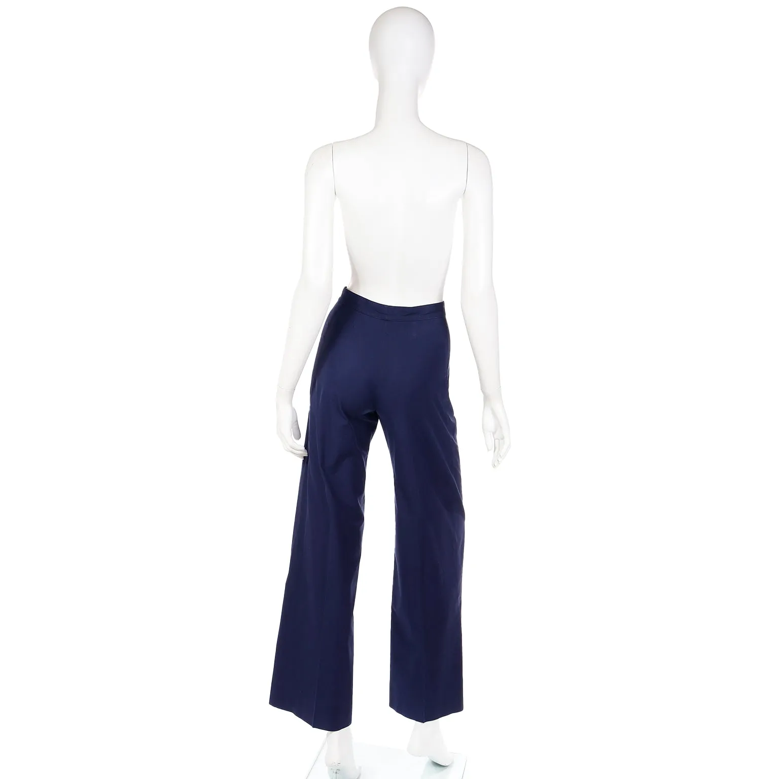 1980s Yves Saint Laurent Navy Blue Cotton High Waist Wide Leg Trousers