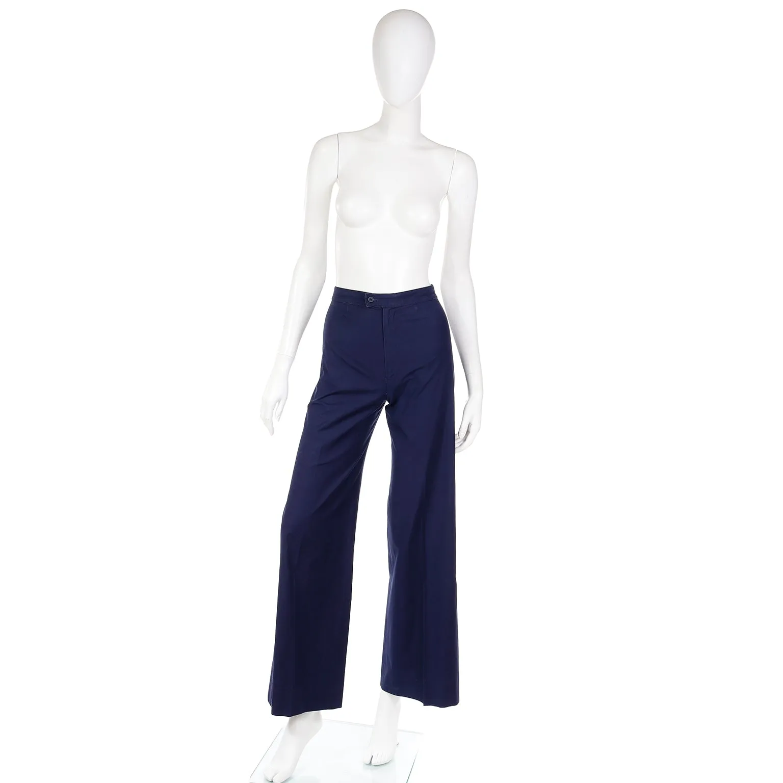 1980s Yves Saint Laurent Navy Blue Cotton High Waist Wide Leg Trousers