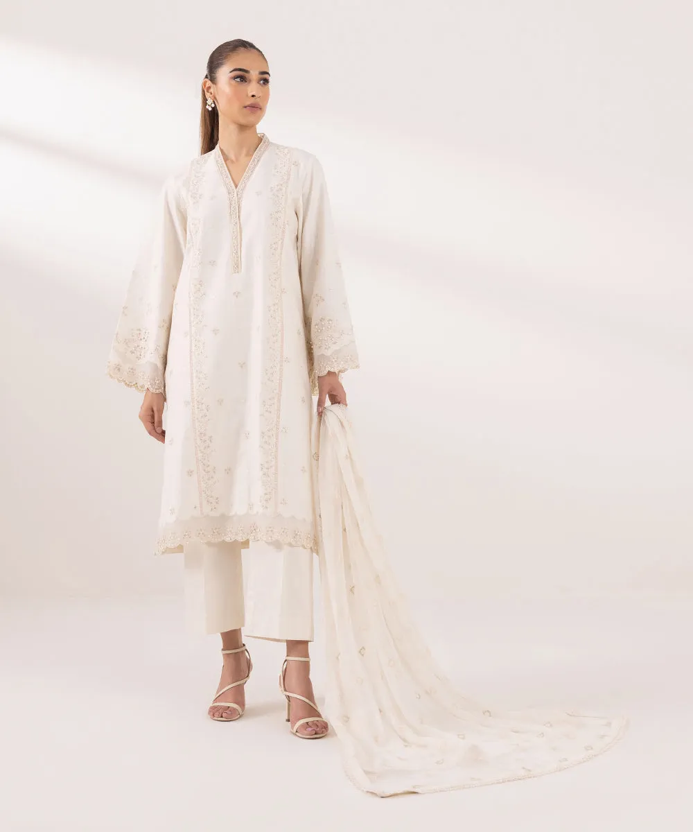 3 Piece - Embroidered Cotton Satin Suit