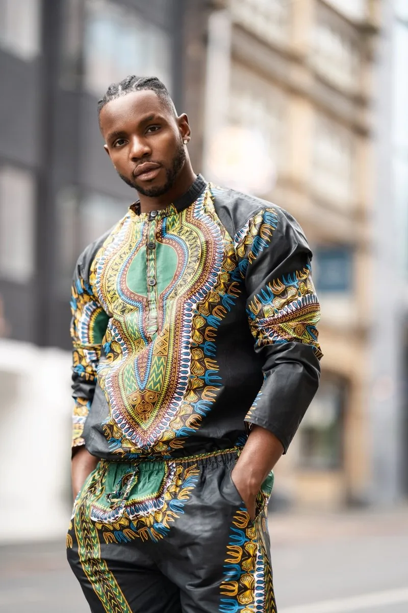 African Dashiki Suit in Black African Print