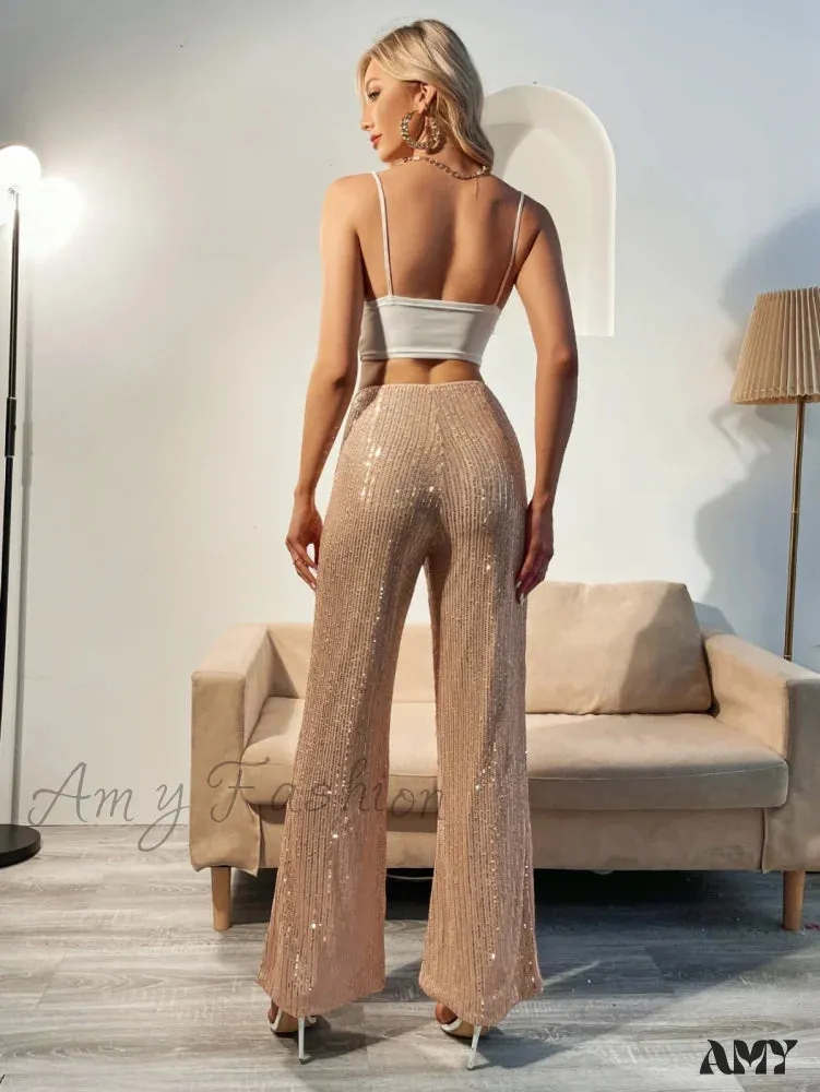 Amy Fashion - Glitter High Waist Wide Leg Sequin Pants