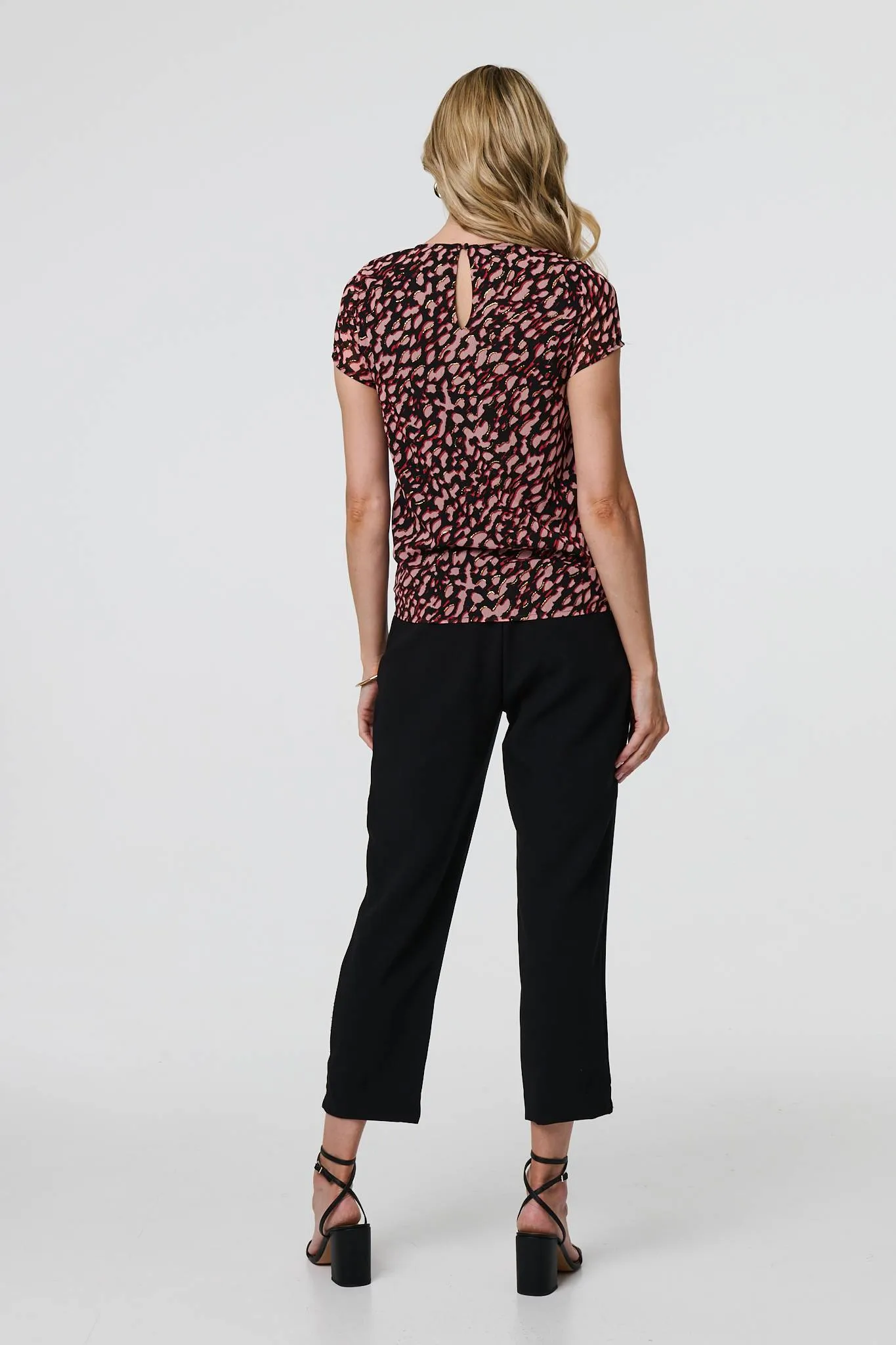 Animal Print Sparkle Trim Cap Sleeve Top