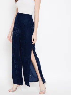 Berrylush Women Solid Navy Blue Crushed Velvet Thigh-High Slit Parallel Trousers