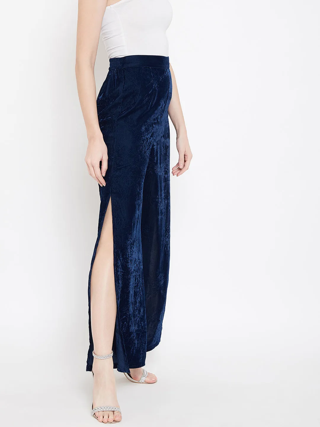 Berrylush Women Solid Navy Blue Crushed Velvet Thigh-High Slit Parallel Trousers