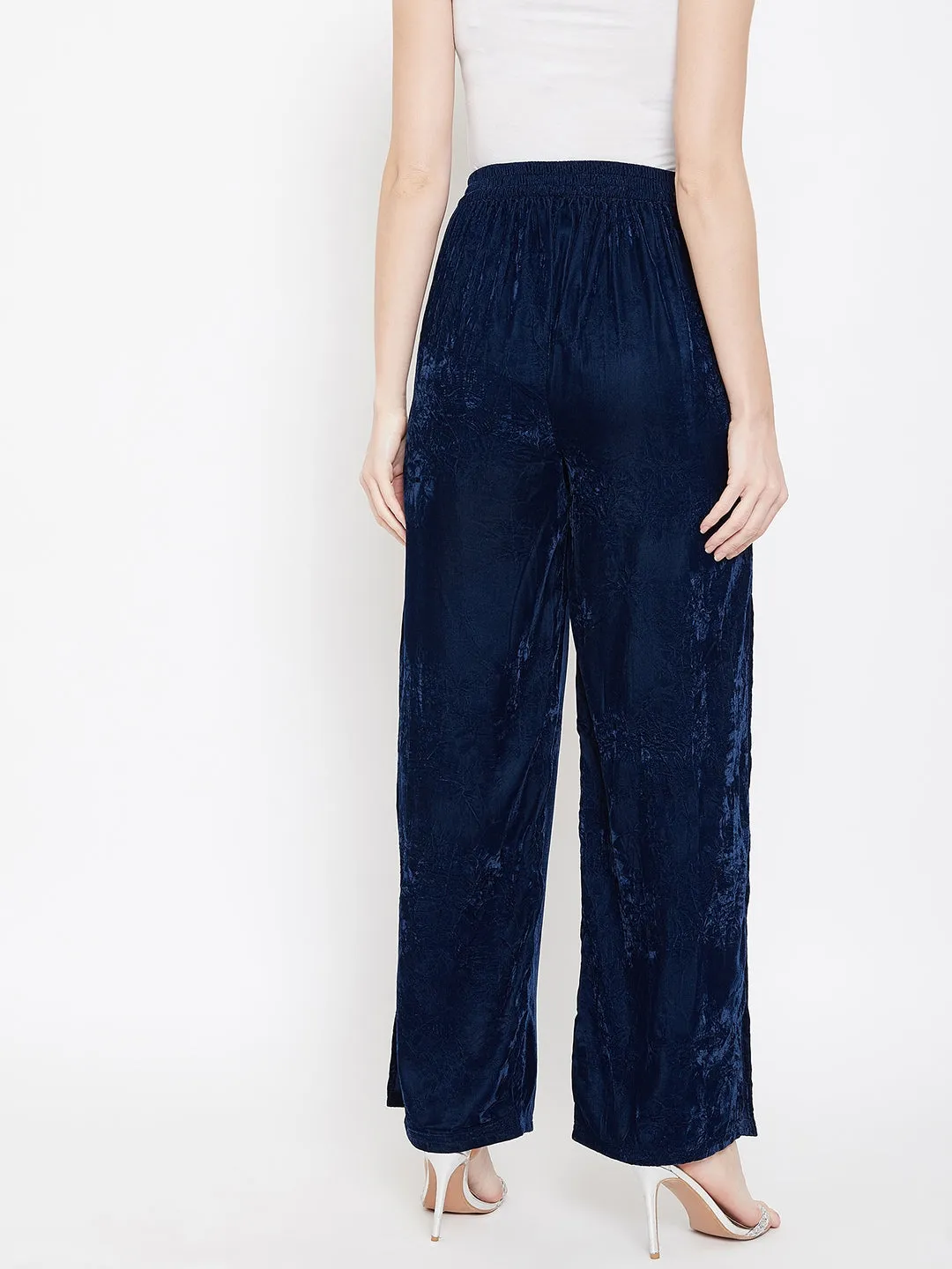 Berrylush Women Solid Navy Blue Crushed Velvet Thigh-High Slit Parallel Trousers