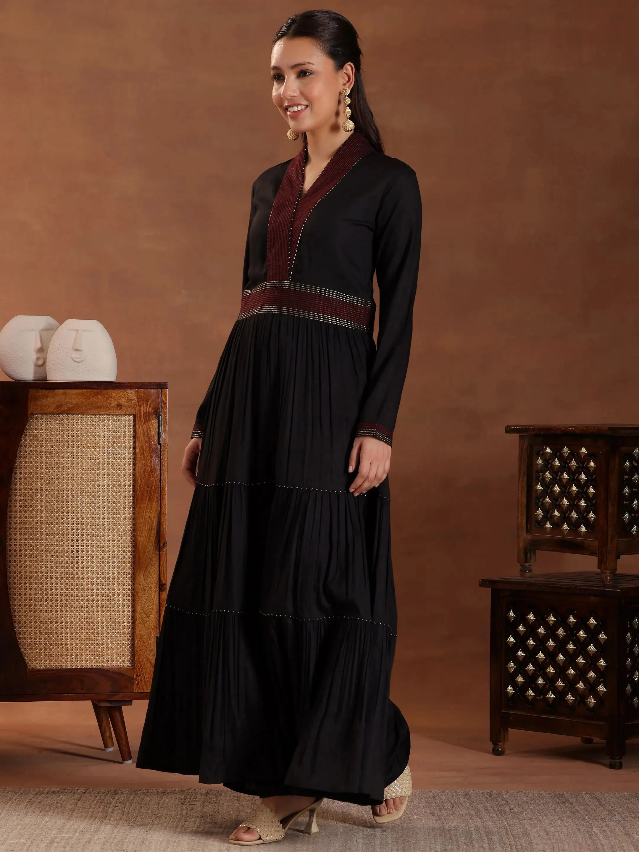 Black Self Design Pure Cotton A-Line Kurta With Sharara & Dupatta