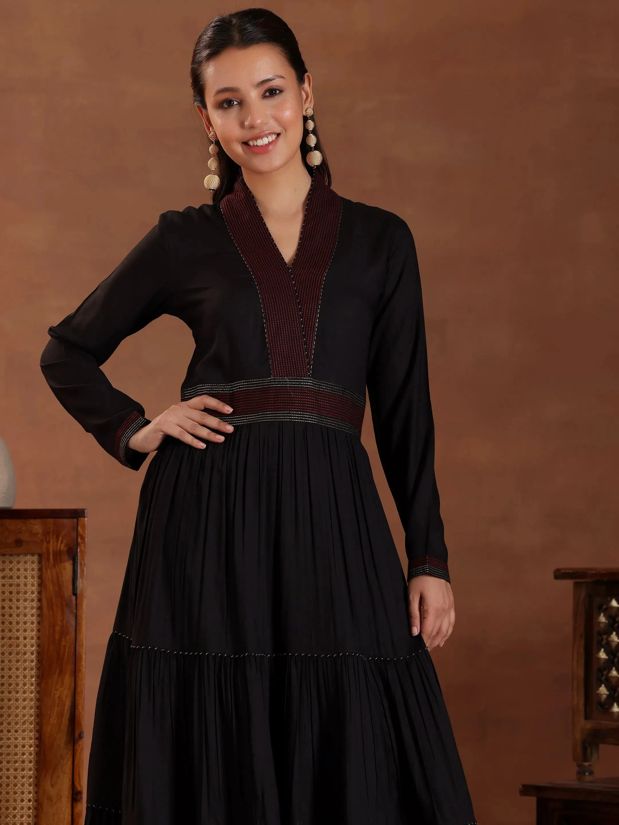 Black Self Design Pure Cotton A-Line Kurta With Sharara & Dupatta