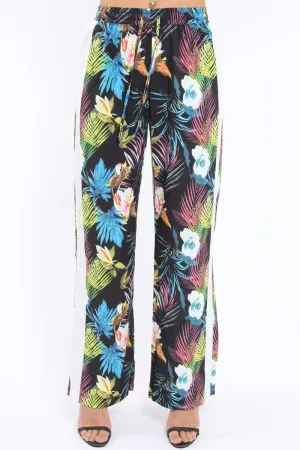 Black Tropical Print Wide Leg Trousers - Ezrie