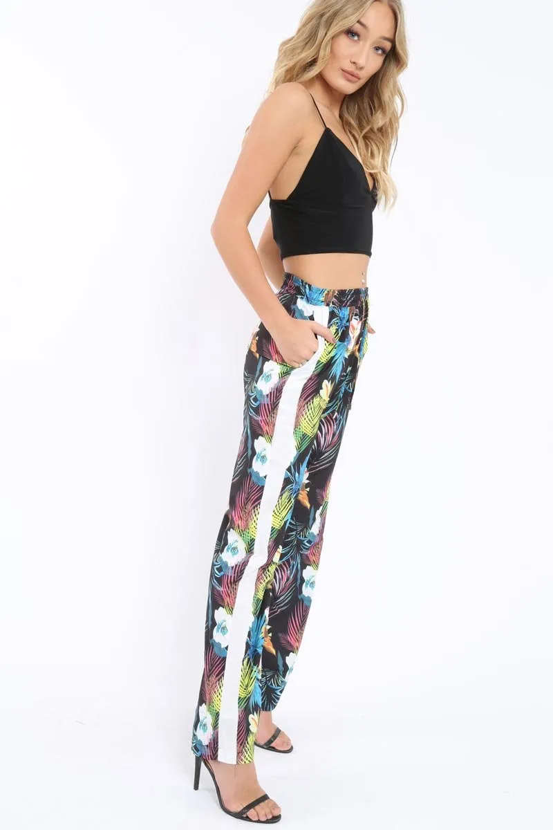 Black Tropical Print Wide Leg Trousers - Ezrie