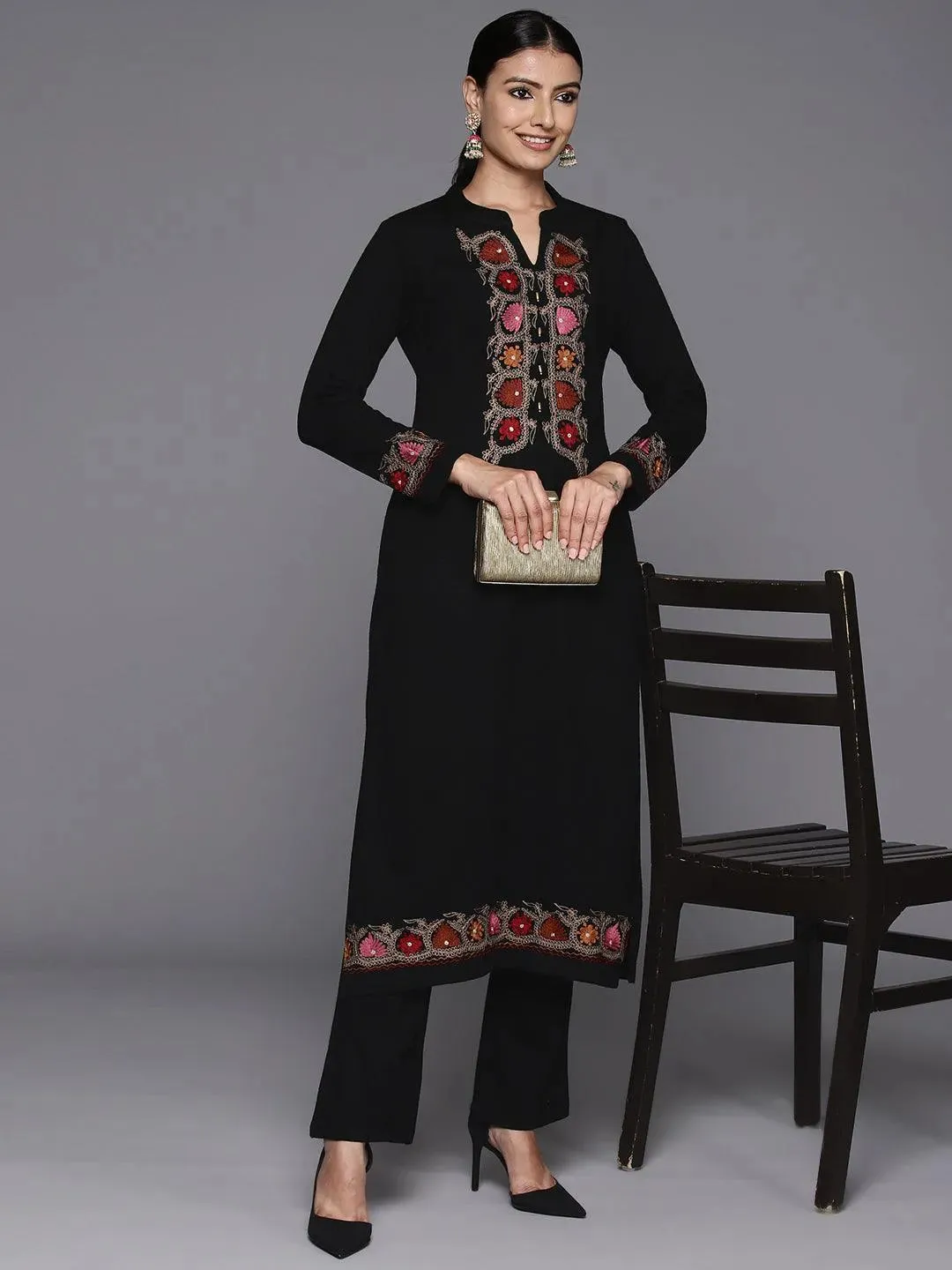 Black Yoke Design Wool Straight Kurta Set