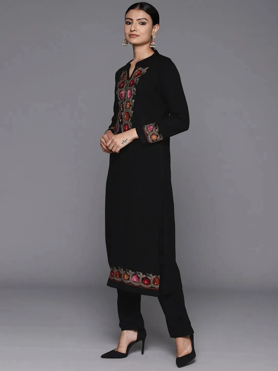 Black Yoke Design Wool Straight Kurta Set