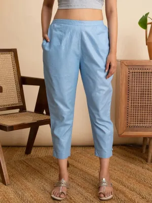 Blue Self Design Cotton Trousers