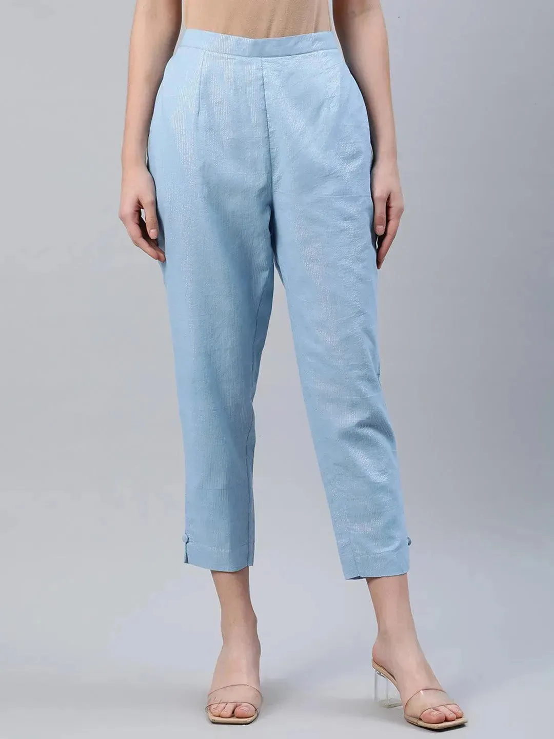 Blue Self Design Cotton Trousers