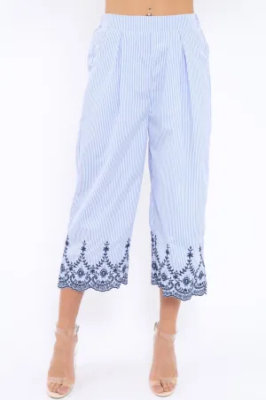 Blue Stripe Cropped Wide Leg Trousers - Eliana