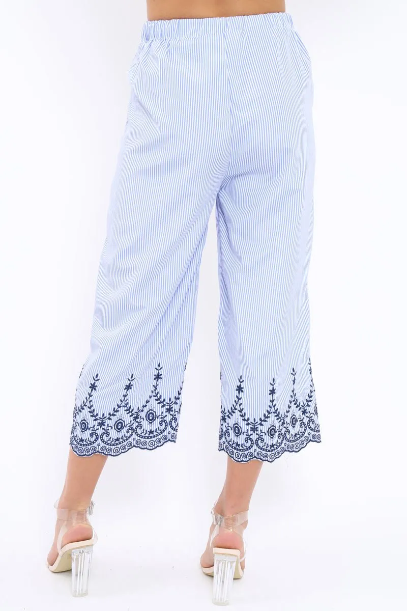 Blue Stripe Cropped Wide Leg Trousers - Eliana