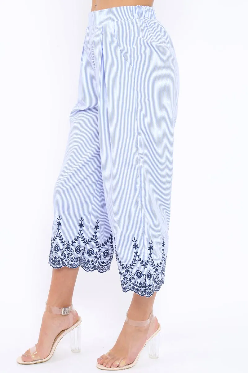 Blue Stripe Cropped Wide Leg Trousers - Eliana