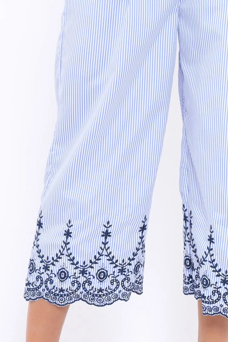 Blue Stripe Cropped Wide Leg Trousers - Eliana