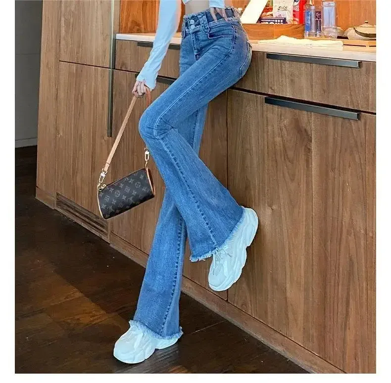 Bonnyshow Vintage high waist jeans women skinny flared pants new washed craft horseshoe pants fashionable baggy slouchy trousers