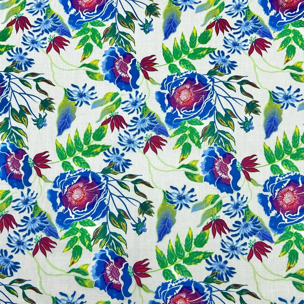 Bright Meadow on White Cotton Linen Fabric