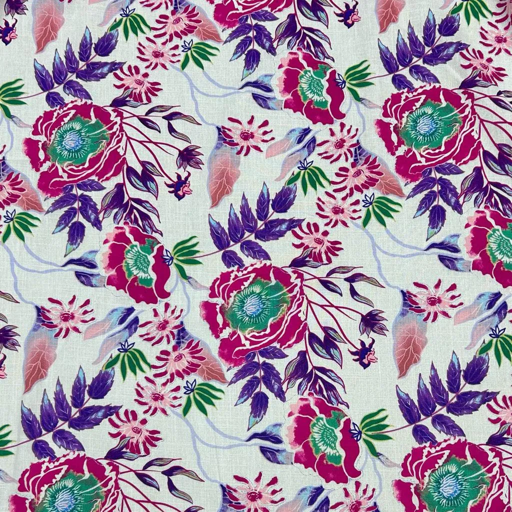 Bright Meadow on White Cotton Linen Fabric