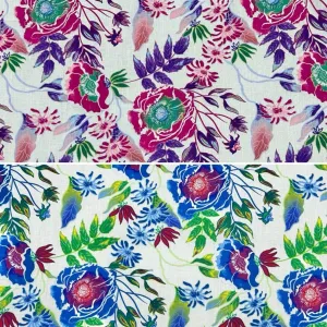 Bright Meadow on White Cotton Linen Fabric