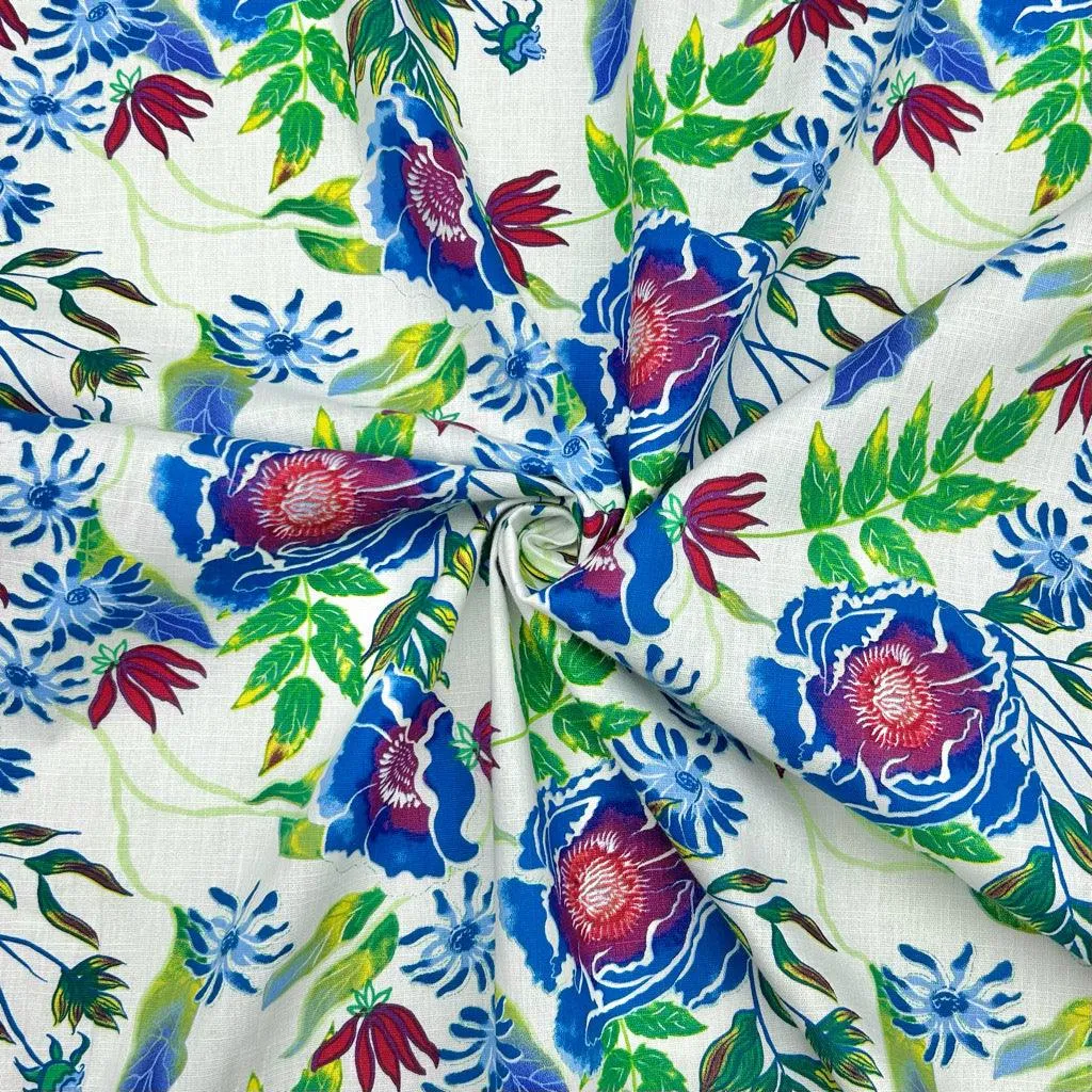 Bright Meadow on White Cotton Linen Fabric