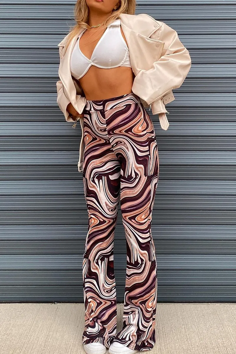 Brown Marble Print Ribbed Flare Trousers - Davia