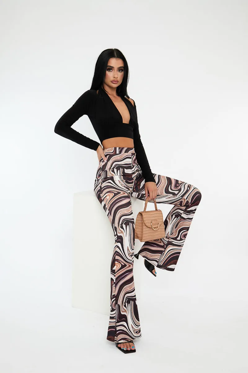 Brown Marble Print Ribbed Flare Trousers - Davia