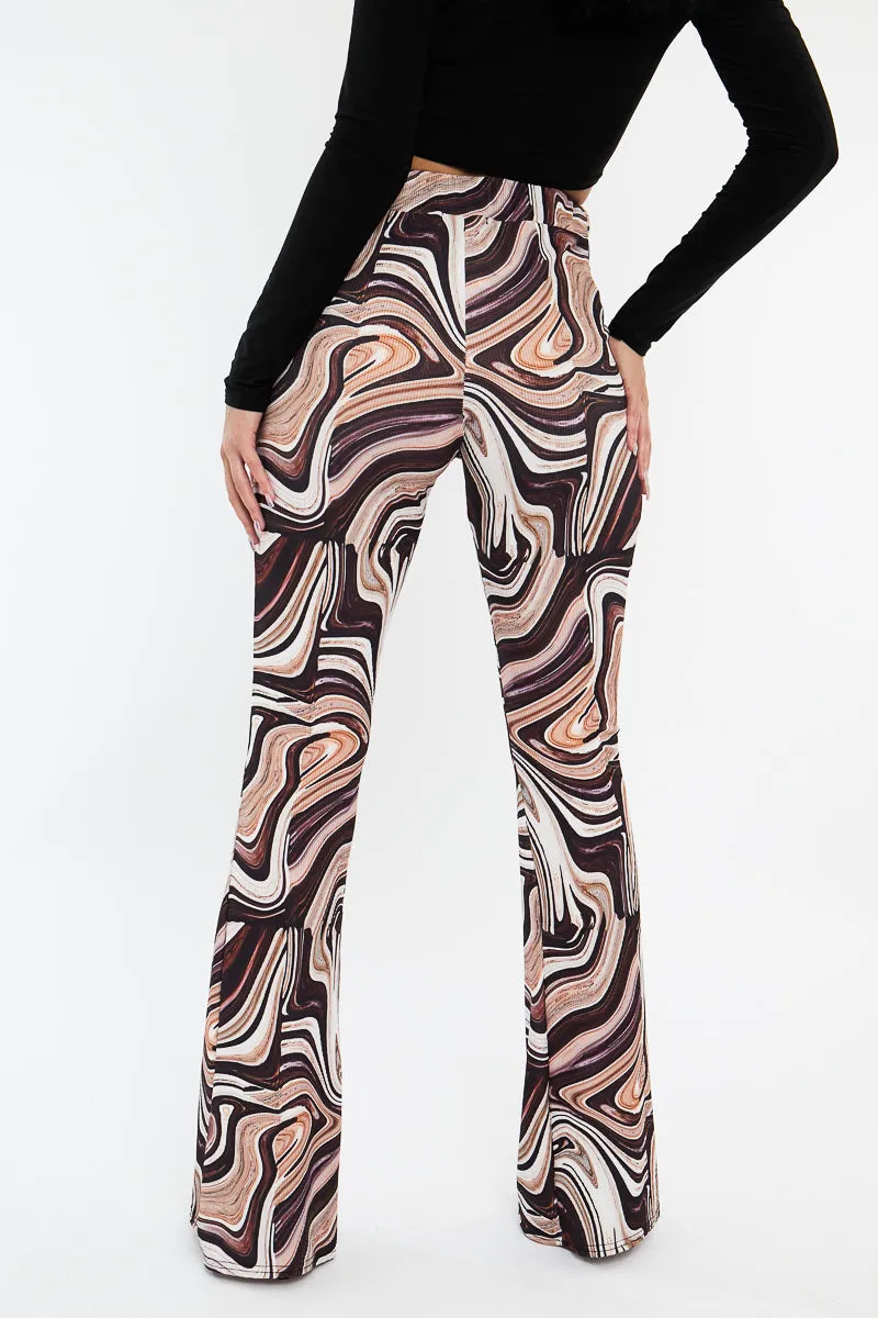 Brown Marble Print Ribbed Flare Trousers - Davia