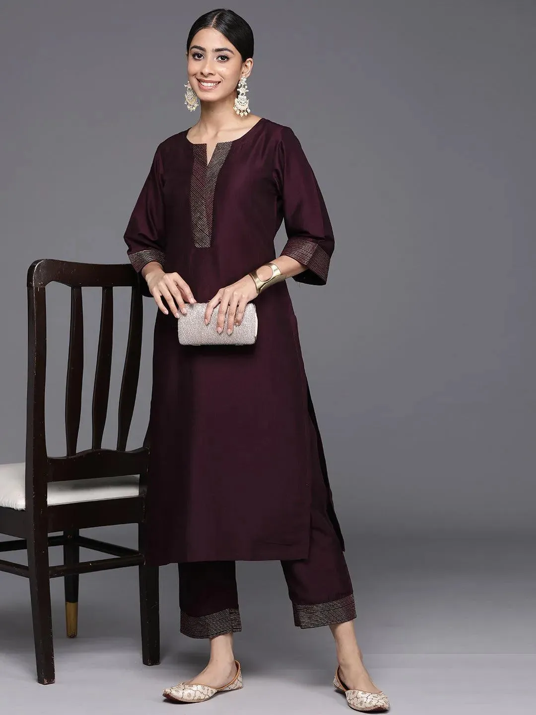 Burgundy Solid Silk Blend Straight Kurta With Trousers