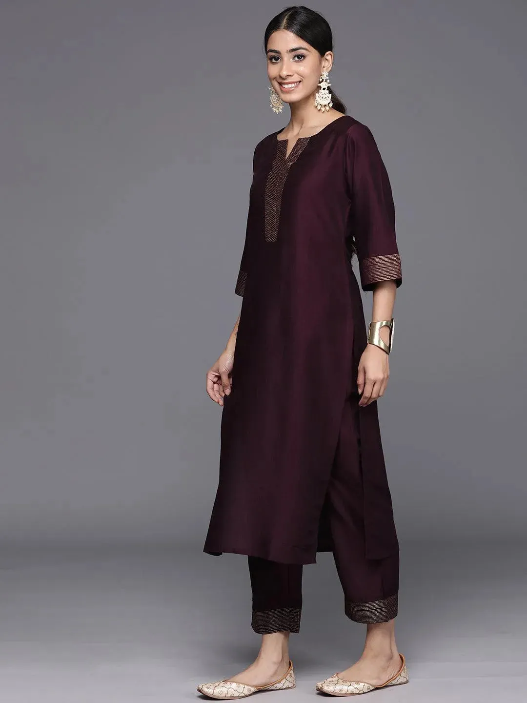 Burgundy Solid Silk Blend Straight Kurta With Trousers