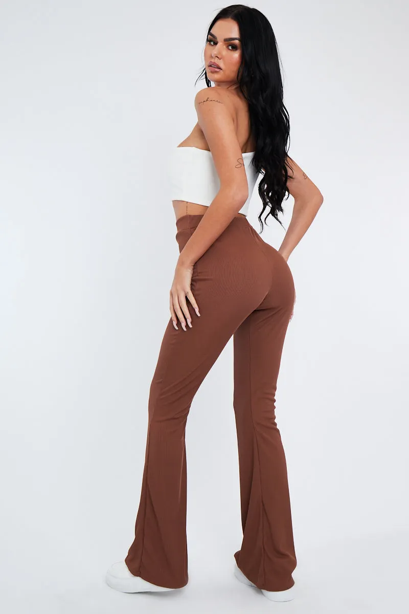 Camel Ribbed Flare Trousers - Jori