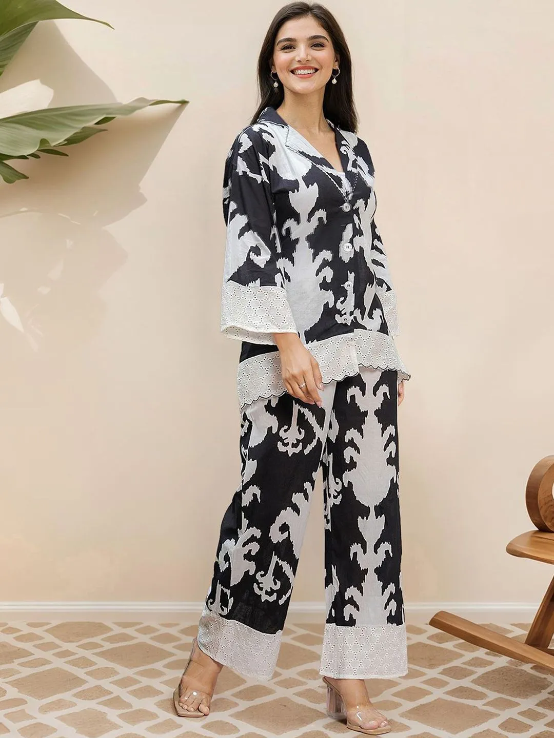 Comfy Cotton Black Abstract Print Co-ord Set with Lace Detailing Co-ords