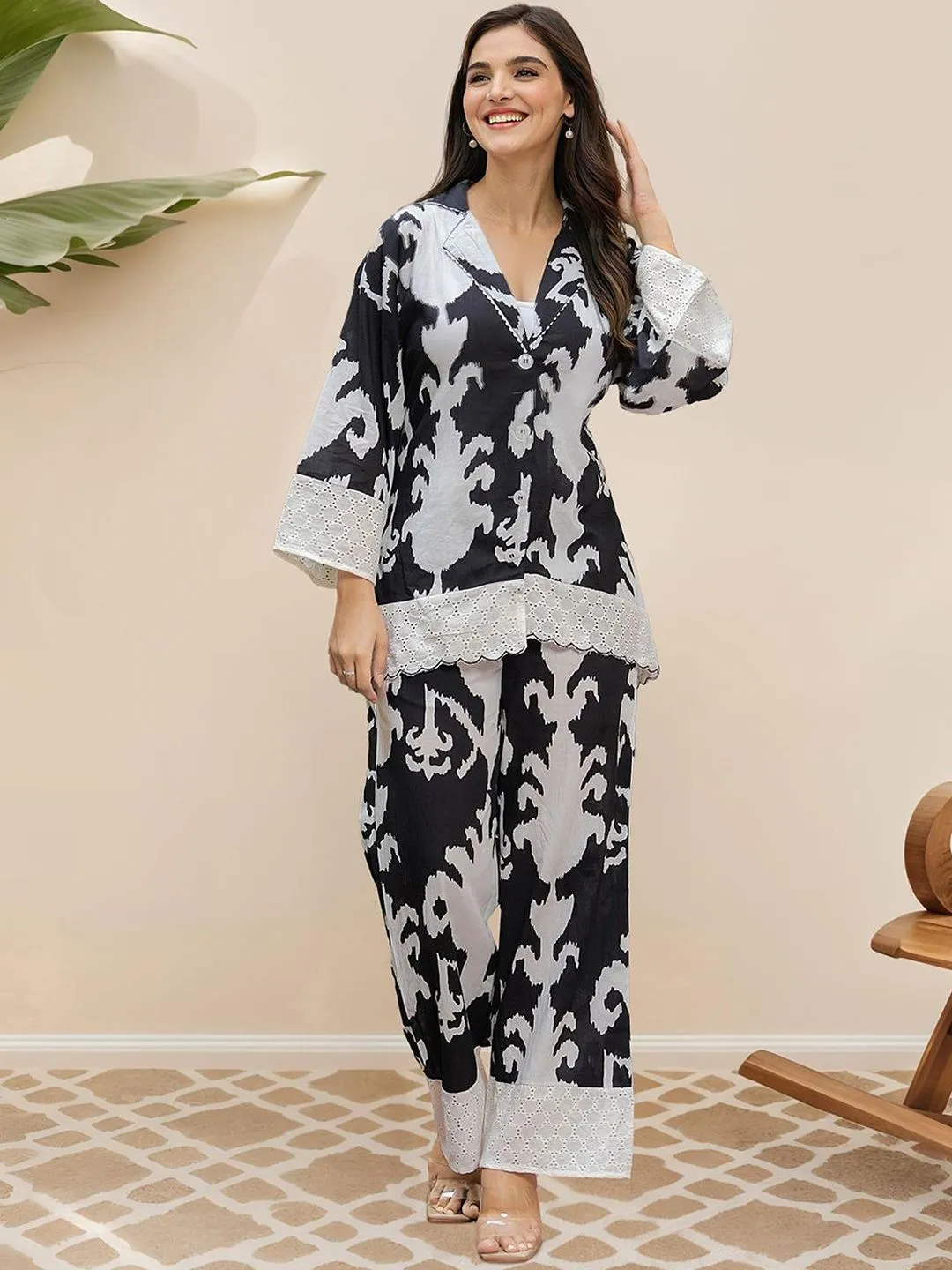 Comfy Cotton Black Abstract Print Co-ord Set with Lace Detailing Co-ords