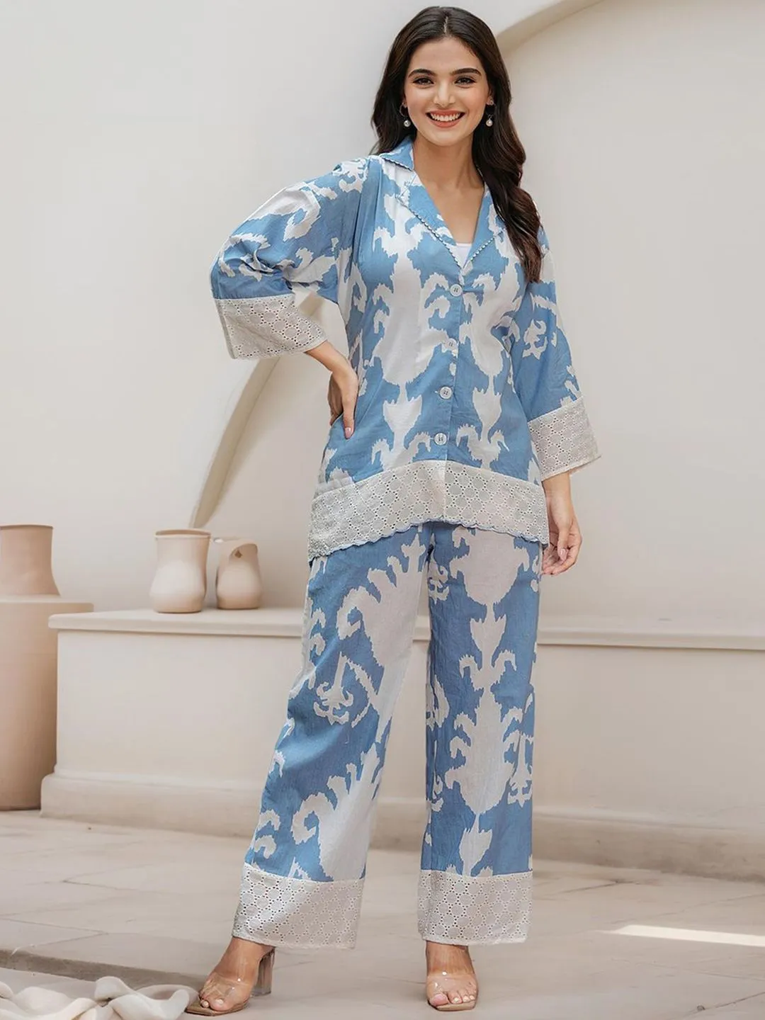 Comfy Cotton Blue Abstract Print Co-ord Set with Lace Detailing Co-ords