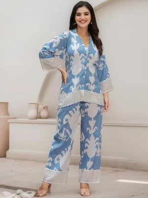 Comfy Cotton Blue Abstract Print Co-ord Set with Lace Detailing Co-ords