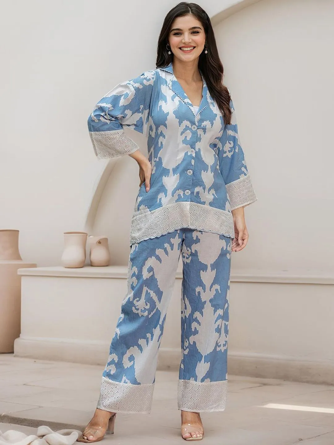 Comfy Cotton Blue Abstract Print Co-ord Set with Lace Detailing Co-ords