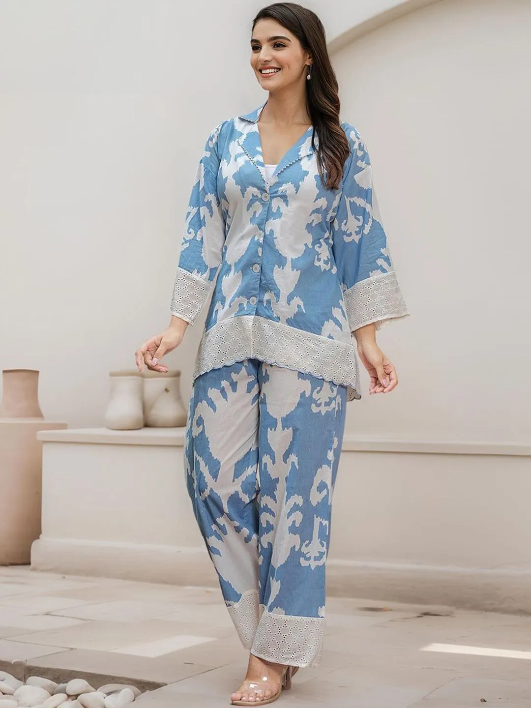 Comfy Cotton Blue Abstract Print Co-ord Set with Lace Detailing Co-ords