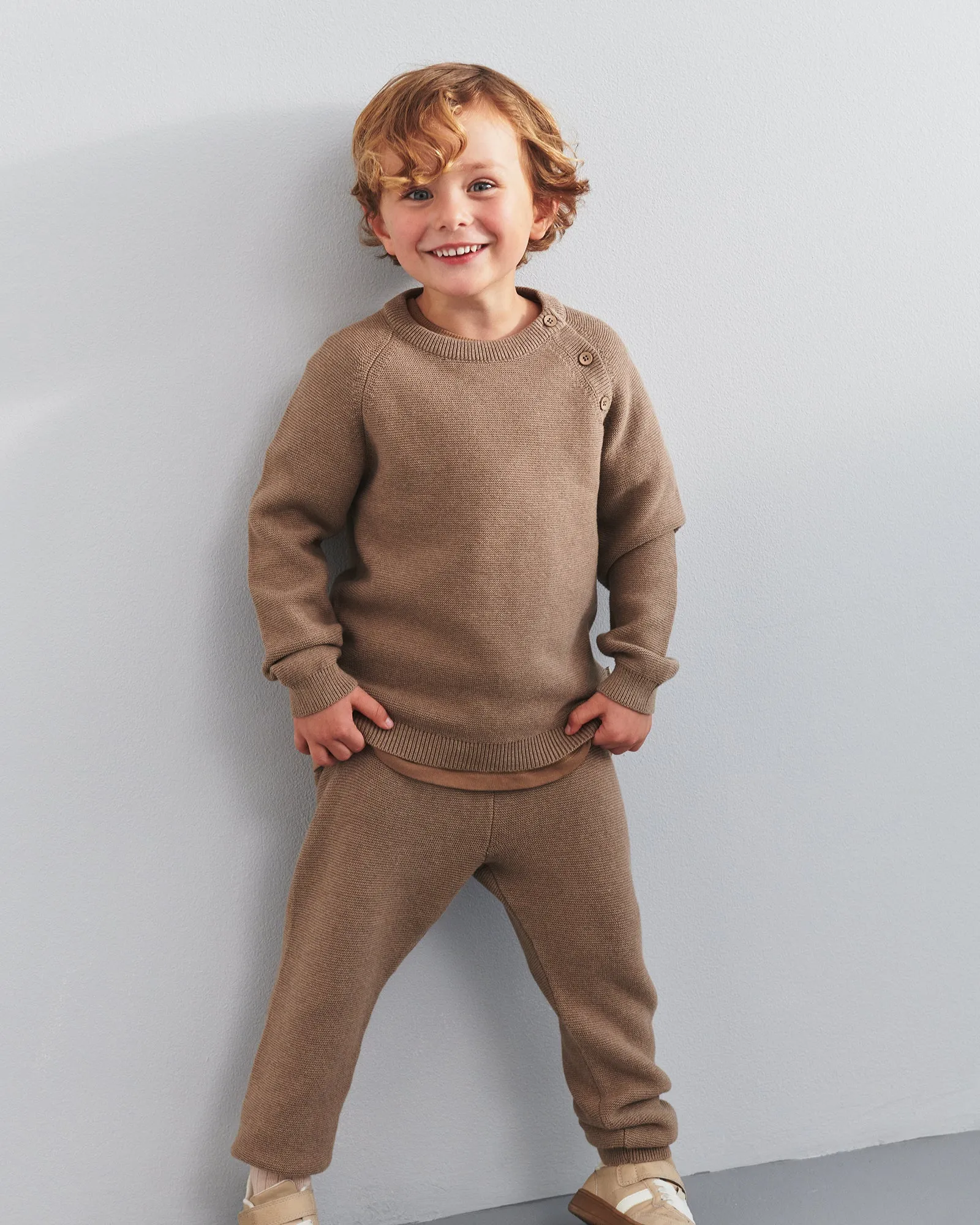 Cotton Pearl Knit Trousers - Kids - Beige Melange