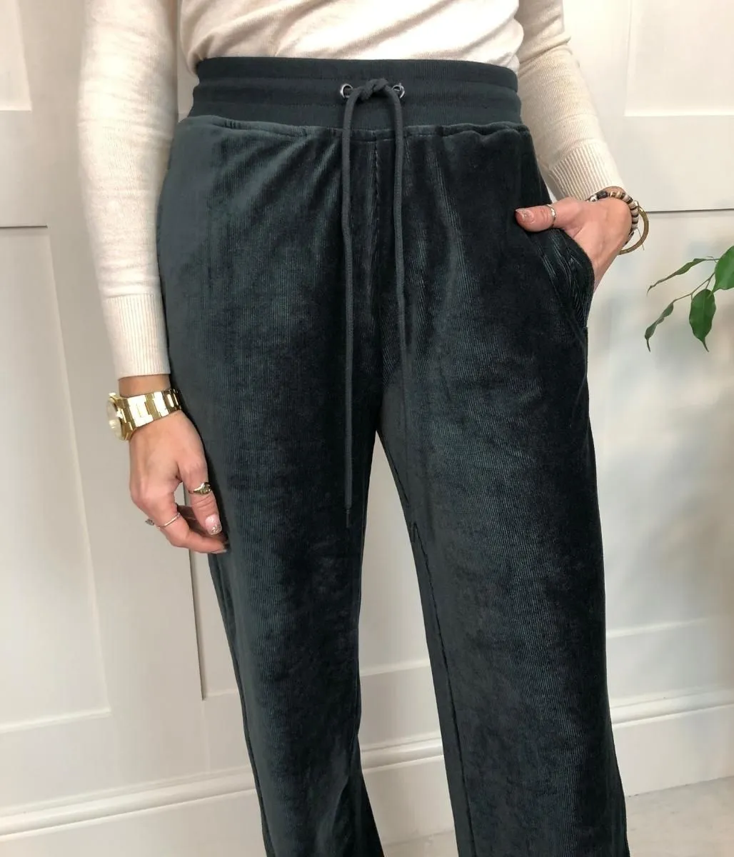 Dark Green Velour Wide Leg Joggers