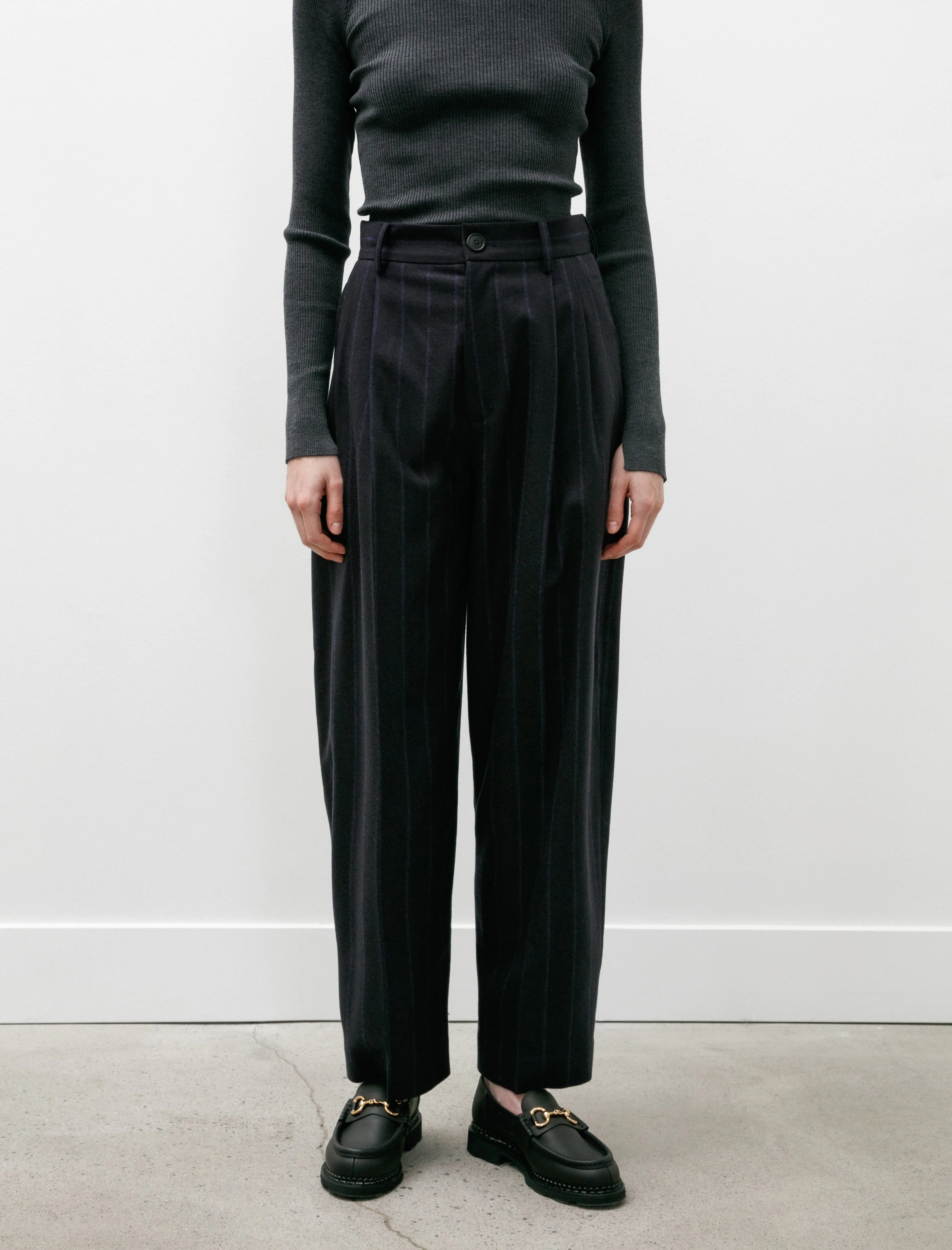 Double Pleated Trousers Navy Pinstripe