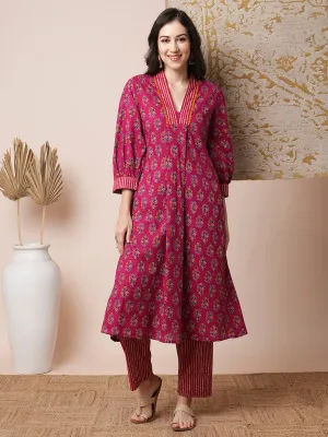 Ethnic Floral Printed A-Line Pleated Kurta with Pant - Magenta