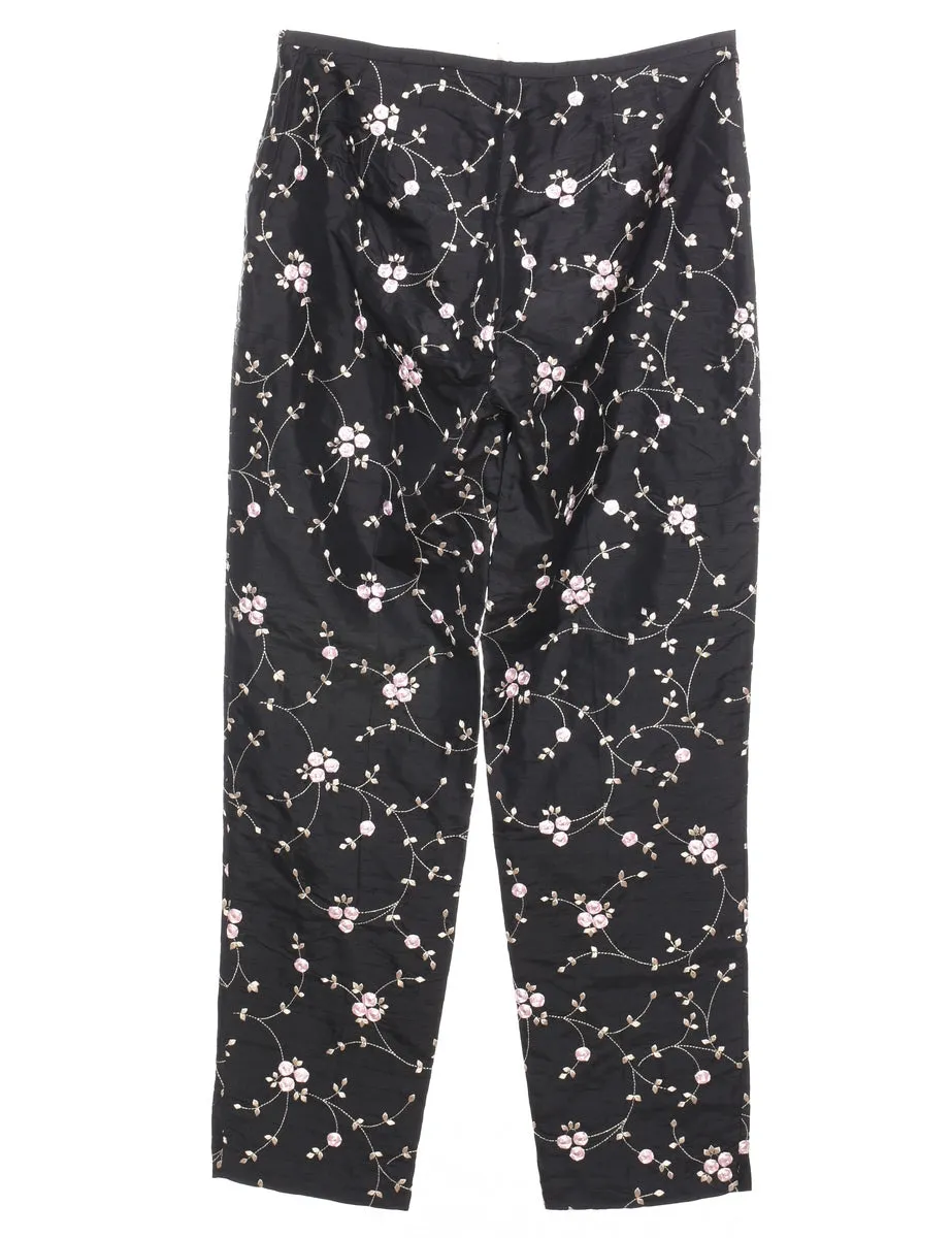 Floral Print Embroidered Black Trousers - W26 L27