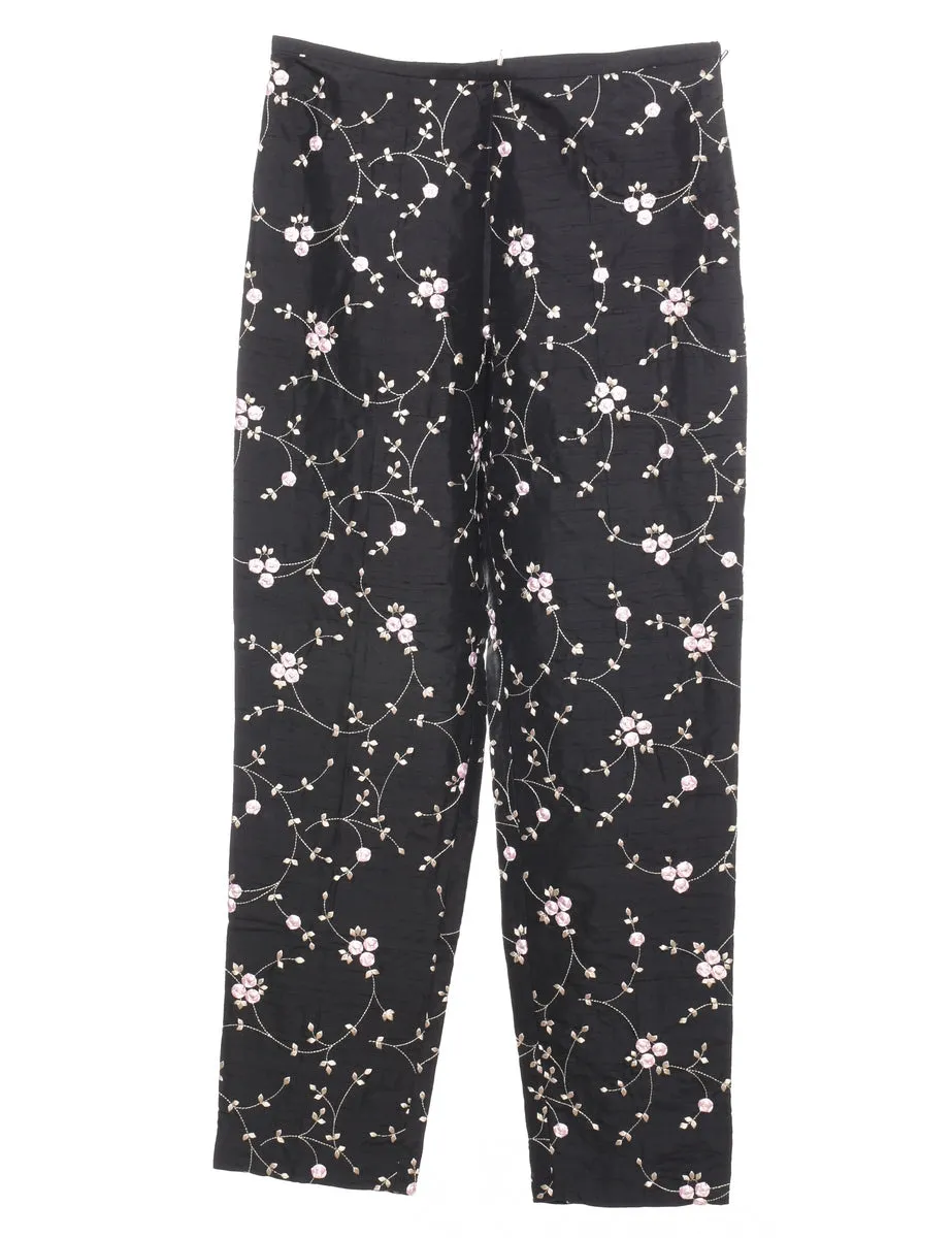 Floral Print Embroidered Black Trousers - W26 L27