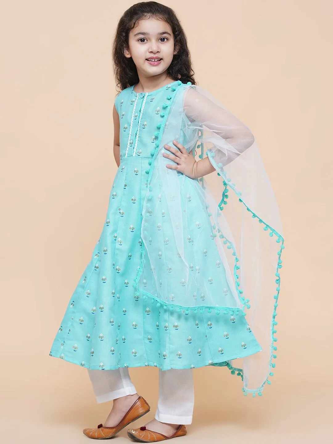 Girls Blue Floral Printed Empire Kurta With Trousers & With Dupatta