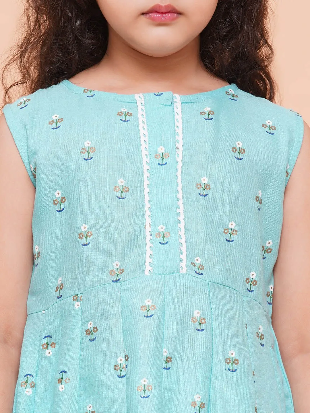 Girls Blue Floral Printed Empire Kurta With Trousers & With Dupatta