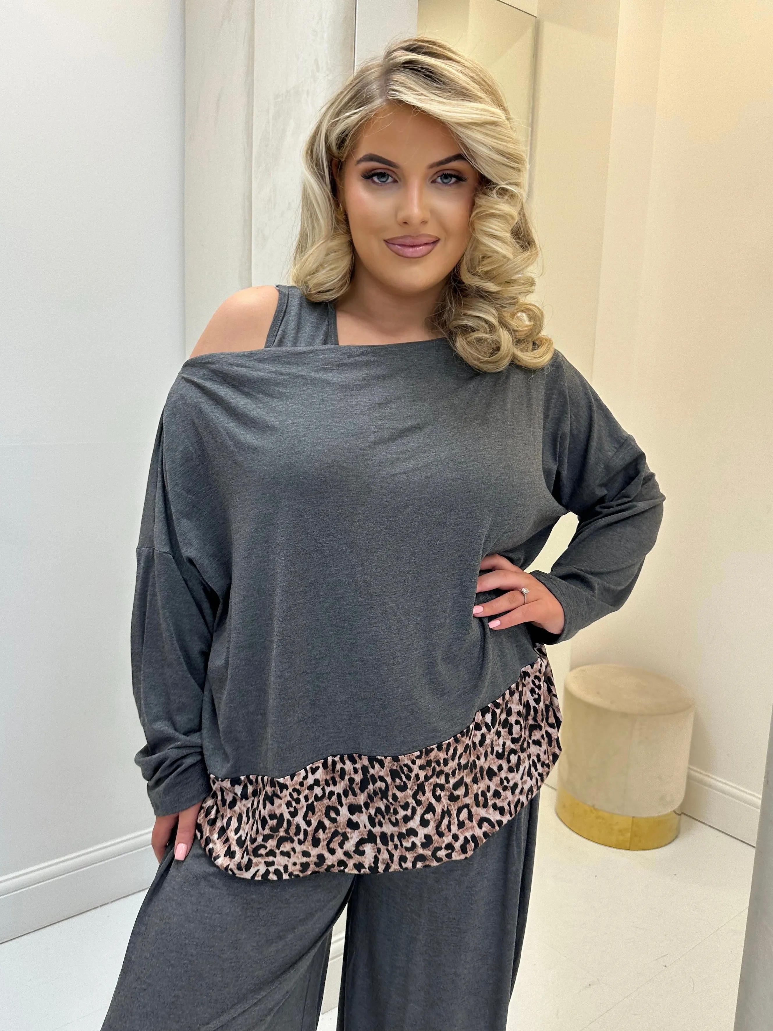 Hollyanna Curve Grey Leopard Print Cowl Neck Jersey Drawstring Co-Ord