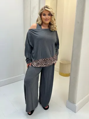 Hollyanna Curve Grey Leopard Print Cowl Neck Jersey Drawstring Co-Ord