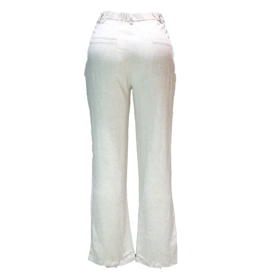 Ivory Linen Wide Leg Relaxed Trousers